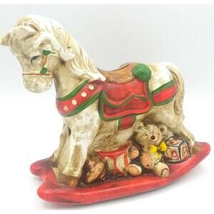 Vintage Ceramic Holiday Decor Christmas Rocking Horse Coin Bank with stopper EUC